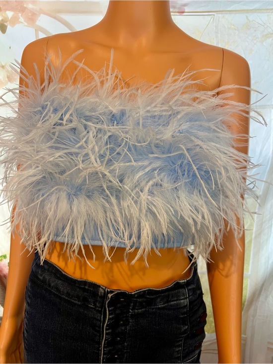 Fashion Nova Tops - Fashion Nova Light Blue Feather Trim Strapless Tube Top